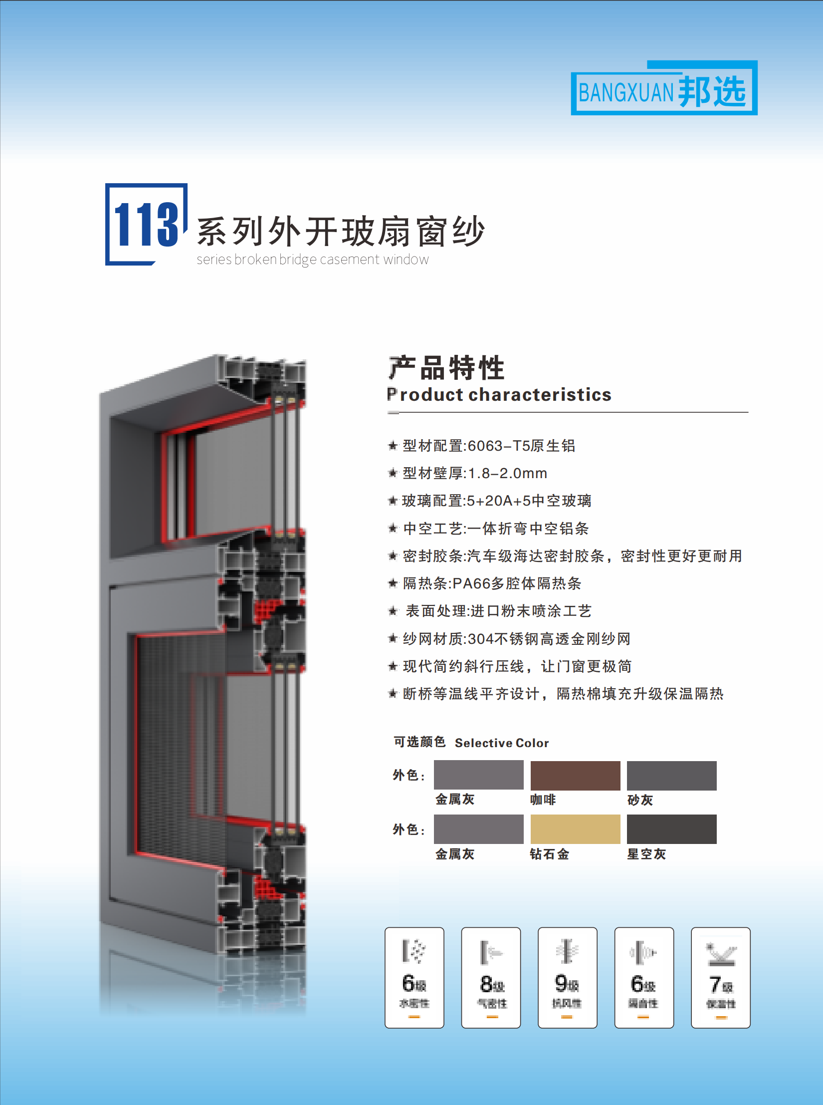 113系列外开玻扇窗纱